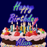 Happy Birthday Alan GIF: A dark blue birthday gif with a beautiful cake with flickering candles, background sparkles and a name to customize.