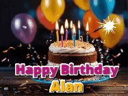 Happy Birthday Alan GIF: A birthday cake with flickering candles gif with text reading Happy Birthday and a Name slot to customize