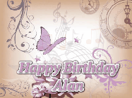 Happy Birthday Alan GIF: Classical birthday gif background with colorful musical notes floating past and a name you can customize, reads Happy Birthday.