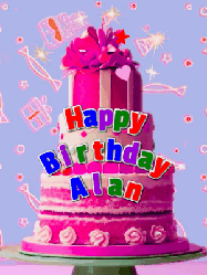 Happy Birthday Alan GIF: A big beautiful birthday cake gif with falling confetti, sparklers, and balloons, reads Happy Birthday Name. Customize it.