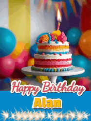 Happy Birthday Alan GIF: A birthday card gif with a cake and candle and a blue ribbon with animated sparklers. Reads Happy Birthday Name
