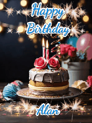 Happy Birthday Alan GIF: Sparkles and glitter happy birthday gif with a cake and flickering candles and sparklers behind the words happy birthday customize