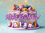 Happy Birthday Alan GIF: A beautiful birthday cake gif with animated sparkles and glitter Happy Birthday Name you can customize