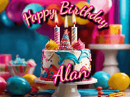 Happy Birthday Alan GIF: Animated birthday gif with a beautiful colorful birthday can and sparkles in the air. It reads Happy Birthday Customize.