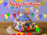 Happy Birthday Alan GIF: Happy Birthday Cake GIF with a cat, lamb, and squirrel on the cake with flickering candles, a sparkler, and falling confetti. Reads Happy Birthday Name and you can customize the name