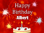 Happy Birthday Albert GIF: A bright red happy birthday gif animated with a cake candle, and glitter and sparkles. Customize with name.