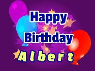 Happy Birthday Albert GIF: A lovely purple birthday gif animated with moving text, a balloon, and bubbles. Customize it.