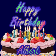 Happy Birthday Albert GIF: A dark blue birthday gif with a beautiful cake with flickering candles, background sparkles and a name to customize.