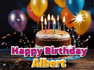 Happy Birthday Albert GIF: A birthday cake with flickering candles gif with text reading Happy Birthday and a Name slot to customize