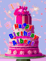 Happy Birthday Albert GIF: A big beautiful birthday cake gif with falling confetti, sparklers, and balloons, reads Happy Birthday Name. Customize it.
