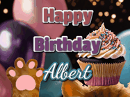 Happy Birthday Albert GIF: Cute Kitten Birthday Cupcake GIF with a cupcake raised by a cats head, then it pulls down text reading Happy Birthday Name