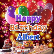 Happy Birthday Albert GIF: Animated happy birthday gif on a bright red glittery background and 3 lines of text reading Happy Birthday Customize