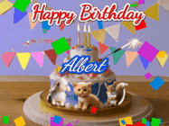 Happy Birthday Albert GIF: Happy Birthday Cake GIF with a cat, lamb, and squirrel on the cake with flickering candles, a sparkler, and falling confetti. Reads Happy Birthday Name and you can customize the name
