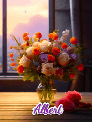Happy Birthday Albert GIF: A vase of flowers and animated hearts pop in and out as the words Happy Birthday Name appears that you can customize