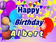 Happy Birthday Albert GIF: Animated birthday gif, purples birthday party background, swaying balloons, and animated text you can customize.
