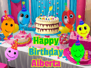 Happy Birthday Alberta GIF: A birthday animated gif with a party room in the background and cute balloons, cake, and name to customize.