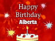 Happy Birthday Alberta GIF: A bright red happy birthday gif animated with a cake candle, and glitter and sparkles. Customize with name.