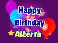 Happy Birthday Alberta GIF: A lovely purple birthday gif animated with moving text, a balloon, and bubbles. Customize it.