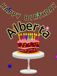 Happy Birthday Alberta GIF: Animated birthday gif of a chocolate cartoon cake and stars. Animated text can be customized with name.
