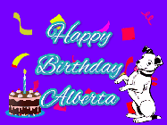 Happy Birthday Alberta GIF: Silly happy birthday gif with a cute dog in a corner and rainbow animation confetti. Birthday cake in order with candle.