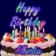 Happy Birthday Alberta GIF: A dark blue birthday gif with a beautiful cake with flickering candles, background sparkles and a name to customize.