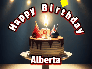 Happy Birthday Alberta GIF: Animated happy birthday gif with a cake and flickering candles with colorful falling confetti and text reading Happy Birthday