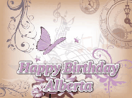 Happy Birthday Alberta GIF: Classical birthday gif background with colorful musical notes floating past and a name you can customize, reads Happy Birthday.