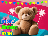 Happy Birthday Alberta GIF: A cute birthday teddy bear animated birthday gif with the bear holding sparklers and text to customize.