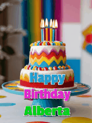 Happy Birthday Alberta GIF: A colourful birthday cake gif with flickering candles a confetti bursting out, reads Happy Birthday Name