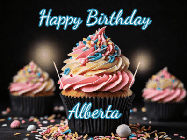 Happy Birthday Alberta GIF: A delicious cupcake gif with animated sparkles reading Happy Birthday with a name to customize