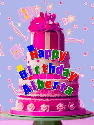 Happy Birthday Alberta GIF: A big beautiful birthday cake gif with falling confetti, sparklers, and balloons, reads Happy Birthday Name. Customize it.