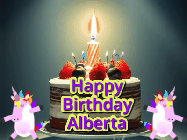 Happy Birthday Alberta GIF: An animated gif with 2 unicorns and a birthday candle on a cake.