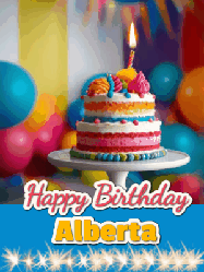 Happy Birthday Alberta GIF: A birthday card gif with a cake and candle and a blue ribbon with animated sparklers. Reads Happy Birthday Name