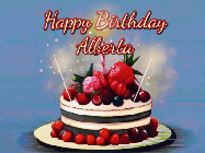 Happy Birthday Alberta GIF: Animated GIF of a birthday cake covered in berries with 2 sparklers and a candle, reads Happy Birthday Name. Customize it.