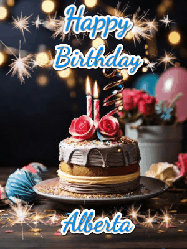 Happy Birthday Alberta GIF: Sparkles and glitter happy birthday gif with a cake and flickering candles and sparklers behind the words happy birthday customize