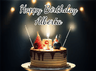 Happy Birthday Alberta GIF: Animated birthday cake gif with sparklers on a dark background. Personalize up to 3 lines of text.