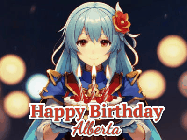 Happy Birthday Alberta GIF: Anime girl holding a birthday cake and an animated sword falls into it. Text reads Happy Birthday Customize