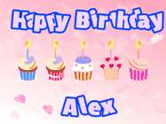 Happy Birthday Alex GIF: Pink animated birthday gif with 5 cupcakes and candles and animated text you can customize with name.
