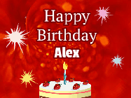 Happy Birthday Alex GIF: A bright red happy birthday gif animated with a cake candle, and glitter and sparkles. Customize with name.