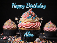 Happy Birthday Alex GIF: A delicious cupcake gif with animated sparkles reading Happy Birthday with a name to customize