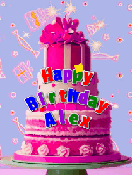 Happy Birthday Alex GIF: A big beautiful birthday cake gif with falling confetti, sparklers, and balloons, reads Happy Birthday Name. Customize it.