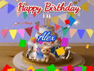 Happy Birthday Alex GIF: Happy Birthday Cake GIF with a cat, lamb, and squirrel on the cake with flickering candles, a sparkler, and falling confetti. Reads Happy Birthday Name and you can customize the name