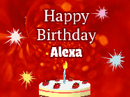 Happy Birthday Alexa GIF: A bright red happy birthday gif animated with a cake candle, and glitter and sparkles. Customize with name.