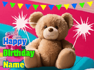 Happy Birthday Alexa GIF: A cute birthday teddy bear animated birthday gif with the bear holding sparklers and text to customize.