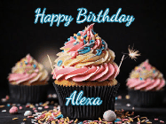 Happy Birthday Alexa GIF: A delicious cupcake gif with animated sparkles reading Happy Birthday with a name to customize