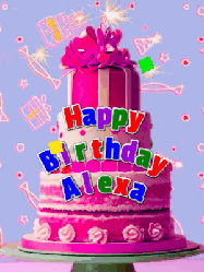 Happy Birthday Alexa GIF: A big beautiful birthday cake gif with falling confetti, sparklers, and balloons, reads Happy Birthday Name. Customize it.
