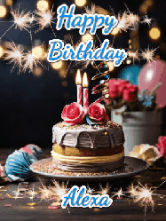 Happy Birthday Alexa GIF: Sparkles and glitter happy birthday gif with a cake and flickering candles and sparklers behind the words happy birthday customize