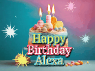 Happy Birthday Alexa GIF: A colorful animated Happy Birthday Cake GIF with swirling sparkles and flickering candles. It reads Happy Birthday Name
