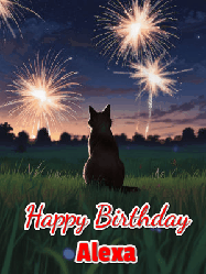 Happy Birthday Alexa GIF: An animated gif at night showing the backside of a sitting cat who watches sparkle and fireworks over a meadow. Customize name and happy birthday.