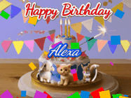 Happy Birthday Alexa GIF: Happy Birthday Cake GIF with a cat, lamb, and squirrel on the cake with flickering candles, a sparkler, and falling confetti. Reads Happy Birthday Name and you can customize the name